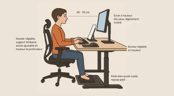 Illustration d'une personne en posture de travail ergonomique : écran à hauteur des yeux, bureau réglable, chaise avec support lombaire, repose-pied.