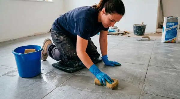 Limpiando azulejos mate después de la obra. Una mujer con guantes azules frota el suelo con una esponja, con un cubo azul al lado.