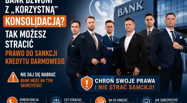 Mężczyźni w garniturach przed bankiem ostrzegają przed pułapką konsolidacji. Zadbaj o swoje konto walutowe, frank szwajcarski i nie trać praw.