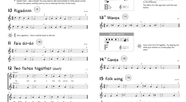 Fragment muzyki na flecie z zapisem nutowym, instrukcjami i diagramami palcowania.