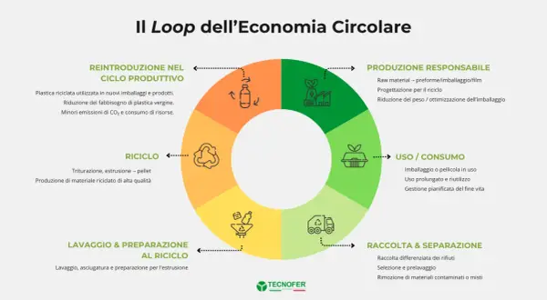 Diagramma del **sistema circolare sostenibile**: dalla produzione responsabile all'uso, raccolta, riciclo e reintroduzione nel ciclo produttivo.