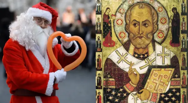 Mikołaj w stroju Świętego Mikołaja trzyma pomarańczowe serce z balonu obok ikony przedstawiającej świętego Mikołaja.