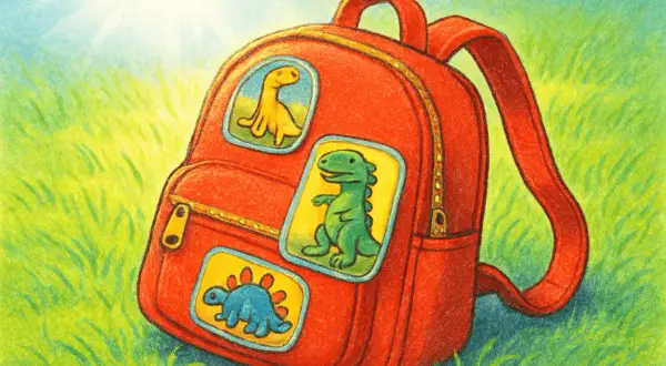 Czerwony plecak z naszywkami dinozaurów na trawie.