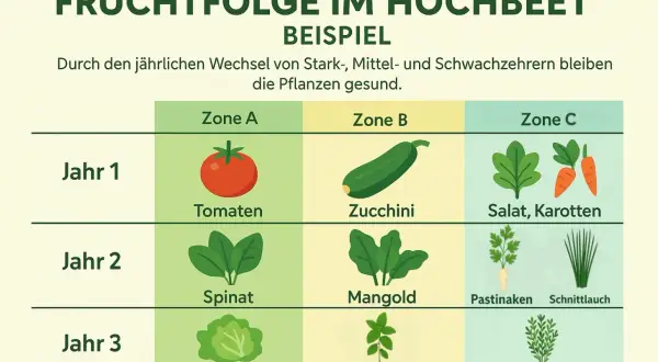 Jahresplan für das Hochbeet: Tomaten, Zucchini, Salat, Karotten, Spinat, Mangold, Pastinaken, Schnittlauch, Kopfsalat, Basilikum, Kräuter.