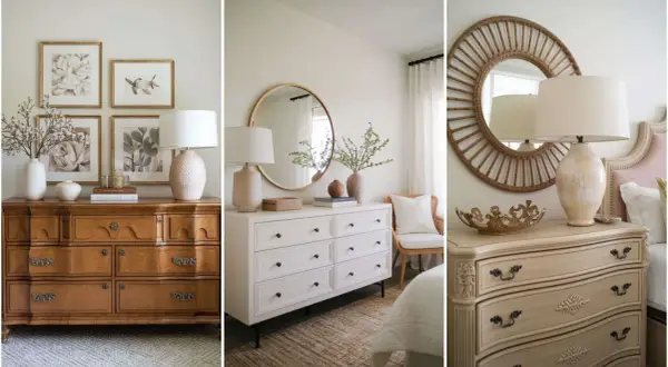 Tips on how to style a dresser top with lamps, art, and decorative objects for a chic bedroom.