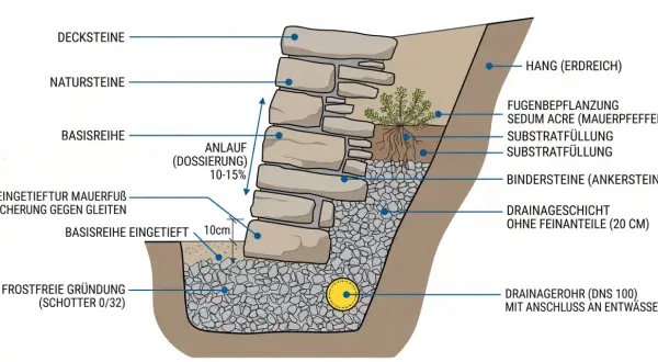 Schnittzeichnung einer Trockenmauer: Natursteine, Substratfüllung, Drainagerohr und Fugenbepflanzung.