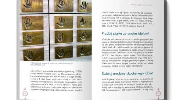 Odciski dłoni idoli k-popu na ścianie w Seulu. To część książki o Korei Południowej, gdzie znajdziesz informacje o gwiazdach jak EXO, SHINee, Super Junior.