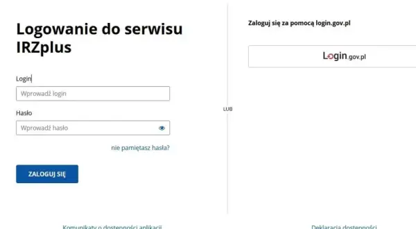 Ekran logowania do serwisu IRZplus, gdzie można wprowadzić login i hasło lub zalogować się przez login.gov.pl. Ułatwia to rejestrację zwierząt (IRZ).