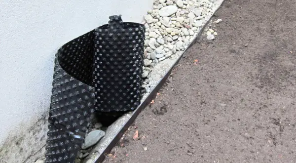 Schwarze Noppenbahn wird an einer Hauswand angebracht, um Feuchtigkeit abzuleiten. Sie klebt gut an der Wand.