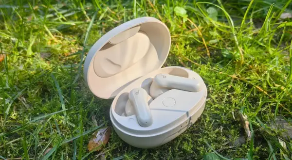 Soundcore P2 Mini Test: Kompakte weiße Ohrhörer in ihrer Ladeschale, umgeben von grünem Gras und Morgentau.