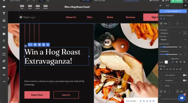 Diseño de landing page: "Win a Hog Roast Extravaganza!". Edición de texto, diseño y opciones de publicación.
