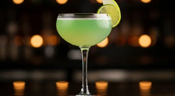 En grön p2 drink i ett coupeglas, garnerad med lime och äpple, står på en mörk bardisk med bokeh-ljus i bakgrunden.