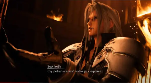 Sephiroth w Final Fantasy VII Remake Intergrade spolszczenie pyta o cierpienie. Płomienie w tle.