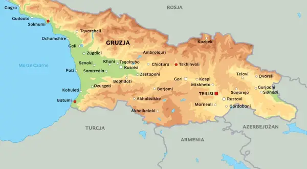 Mapa polityczna Gruzji z zaznaczonymi miastami i sąsiadującymi krajami: Rosją, Turcją, Armenią i Azerbejdżanem. Gdzie leży Gruzja? Na Kaukazie, nad Morzem Czarnym.