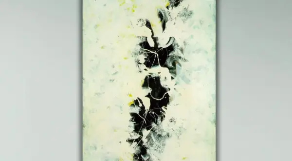 Jackson Pollock dzieła: abstrakcyjny obraz z dominującą czernią, bielą i żółtymi akcentami, tworzący dynamiczną kompozycję.
