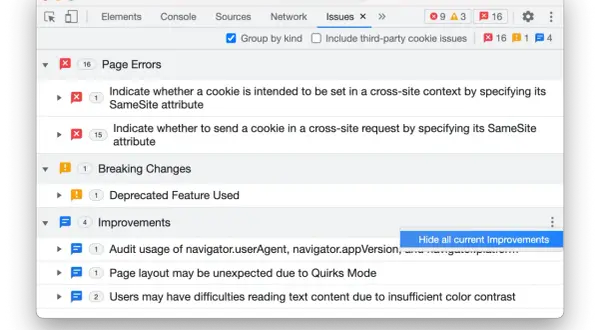 DevTools Issues: błędy ciasteczek, zmiany, ulepszenia. To okno pokazuje, co to są devtools i jak działają.