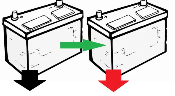 Ilustracja pokazuje połączenie szeregowe akumulatorów. Strzałka zielona wskazuje na połączenie, a czerwona na wynik.