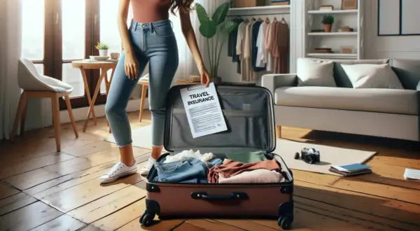 Kobieta pakuje walizkę, trzymając dokument "Travel Insurance". Sprawdza ubezpieczenia turystyczne ranking, by wybrać najlepszą opcję na podróż.