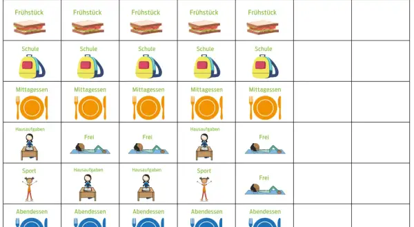 Wochenplan mit Frühstück, Schule, Mittagessen, Hausaufgaben, Sport und Freizeit. Der **Buchstabe der Woche** ist hier visuell dargestellt.