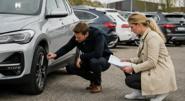 Man kollar däcket på en silverfärgad BMW X1, kvinnan läser papper. Kanske ett BMW X1 problem?