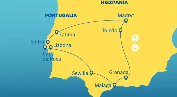 Mapa trasy wycieczki objazdowej po Portugalii i Hiszpanii: Lizbona, Fatima, Sintra, Cabo da Roca, Sewilla, Malaga, Granada, Toledo, Madryt.
