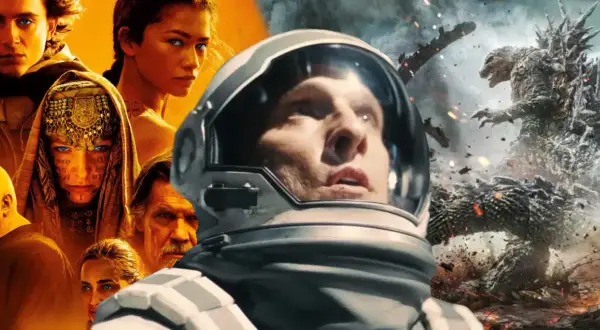 Kolaż z postaciami z "Diuny" i astronauty z "Interstellar" na tle Godzilli. To najlepsze filmy science fiction.