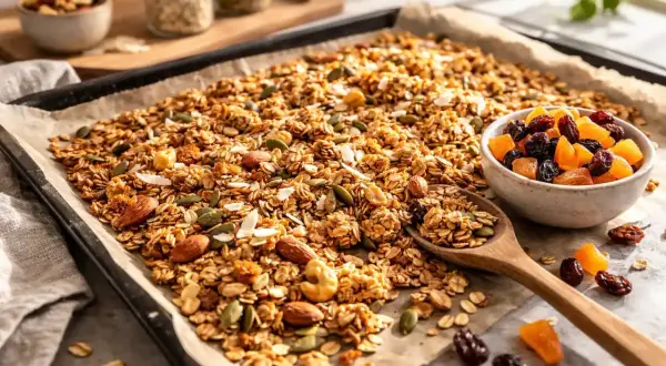 En stor plåt med gyllene, hemmagjord granola fylld med nötter, frön och torkad frukt. En sked med granola och en skål med russin och aprikoser.