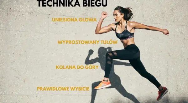 Kobieta demonstruje prawidłową technikę biegu: uniesiona głowa, wyprostowany tułów, kolana do góry, prawidłowe wybicie.