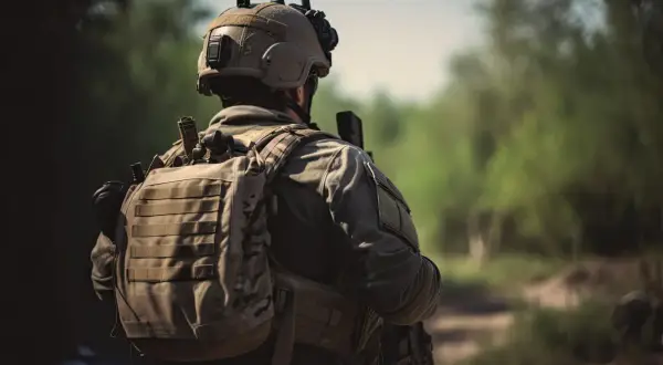 Soldado con casco y equipo táctico, incluyendo mochilas tácticas, camina por un sendero boscoso.
