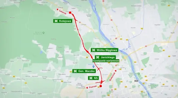 Mapa przedstawia trasę S7 Warszawa - Gdańsk, zaznaczoną na czerwono, z kluczowymi punktami jak Gdańsk, Kolejowa, Wólka Węglowa i Gen. Maczka.
