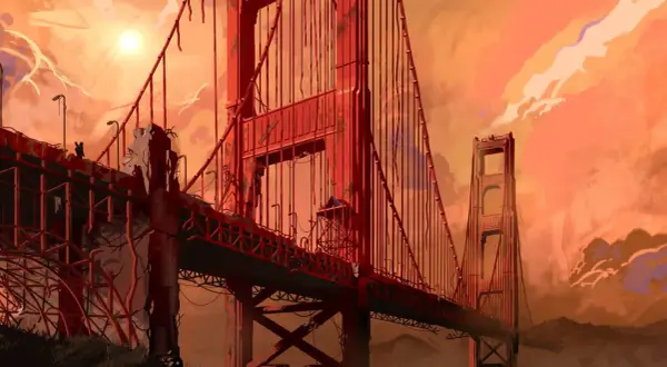 Zniszczony Most Golden Gate w postapokaliptycznym świecie, jak w **Fallout 2 remake**. Słońce przebija się przez pomarańczowe chmury.