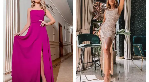 Elegancka kobieta w długiej, **sukience fuksja** z rozcięciem. Obok druga modelka w błyszczącej, złotej kreacji.