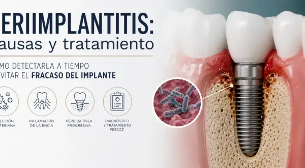 Ilustración de periimplantitis, mostrando la inflamación y pérdida ósea alrededor de un implante dental, indicando problemas comunes.