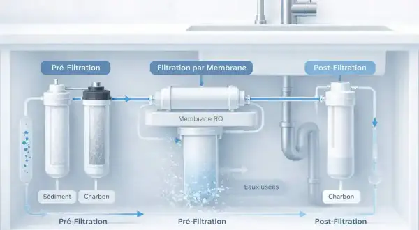 Schéma d'un osmoseur montrant les étapes de pré-filtration, filtration par membrane RO et post-filtration pour une eau pure.
