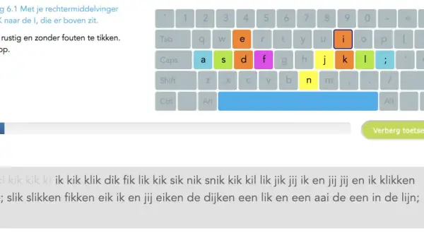 Nederlandse type test: oefening met de 'i' toets. Typ rustig en zonder fouten.