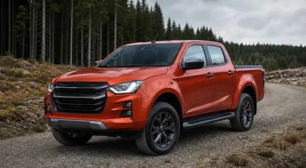 Orange pickup står på grusväg framför en tät granskog.
