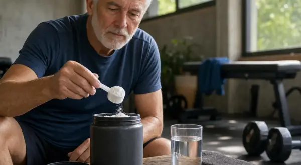 Uomo anziano prepara integratori, forse bcaa e creatina insieme, in palestra.