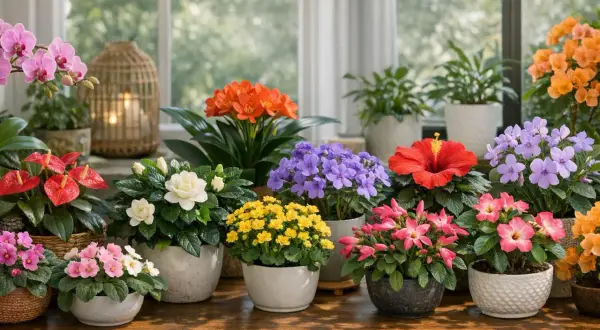 Collection de plantes fleuries d'intérieur aux couleurs vives : orchidées roses, anthuriums rouges, gardénias blancs, fleurs bleues, jaunes, roses et oranges.
