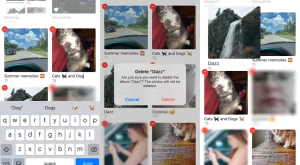 Ekran iPhone'a z albumami zdjęć, pokazujący jak przenieść zdjęcia z Androida na iPhone'a. Widoczne albumy: "Summer memories", "Cats and Dogs", "Dazz".