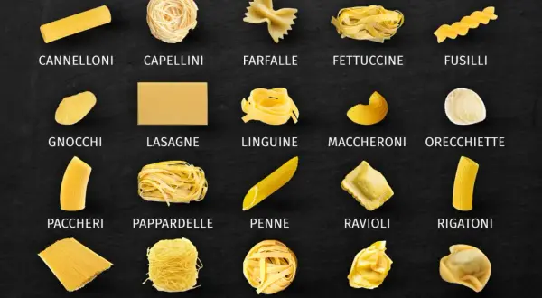 Vielfalt an Nudel Arten: Cannelloni, Capellini, Farfalle, Fettuccine, Fusilli, Gnocchi, Lasagne, Linguine, Maccheroni, Orecchiette, Paccheri, Pappardelle, Penne, Ravioli, Rigatoni, Spaghetti, Spaghettini, Tagliatelle, Tortellini, Tortelloni.