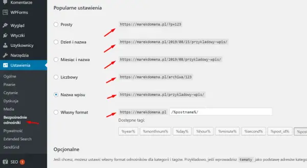 Ustawienia WordPress: wybór struktury adresów URL, np. nazwa wpisu. Zapewnia to lepszą widoczność w wyszukiwarkach, co jest kluczowe dla SEO i bezpieczeństwa strony z certyfikatem wordpress ssl.