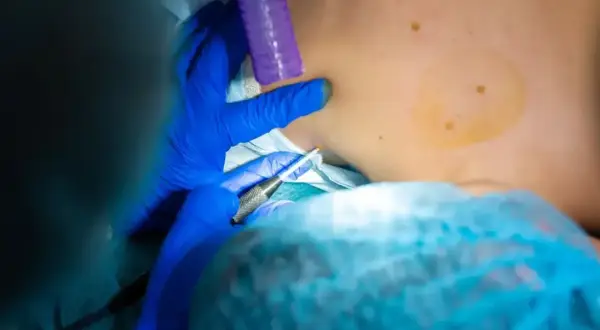Lekarz w niebieskich rękawiczkach wykonuje biopsję aspiracyjną, pobierając próbkę tkanki z szyi pacjenta.