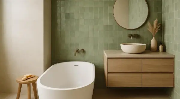 Salle de bain moderne avec baignoire îlot, vasque en pierre et murs recouverts de carreaux verts, une belle inspiration salle de bain zellige.