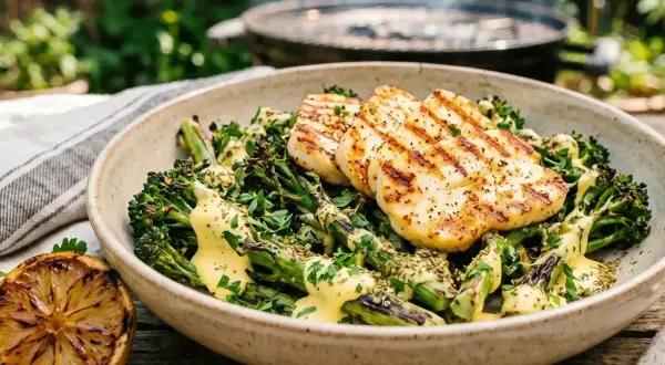 Grillowany halloumi z pieczonym brokułem i sosem. Idealne danie na letni wieczór przy grillu.
