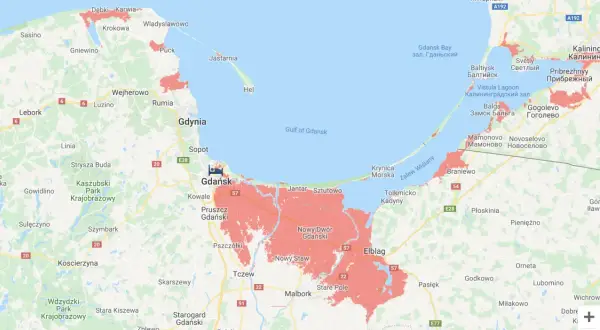 Mapa świata po roztopieniu lodowców: obszary przybrzeżne Polski i Obwodu Kaliningradzkiego zalane wodą.