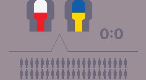 Waga pokazuje równość między Polską a Ukrainą. Liczba ludności obu krajów jest taka sama, 0:0.