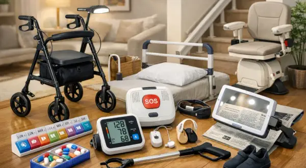 Découvrez des objets d'aide pour la vie quotidienne, facilitant le quotidien des personnes atteintes d'Alzheimer : déambulateur, lit médicalisé, siège monte-escalier, pilulier, tensiomètre, loupe, etc.