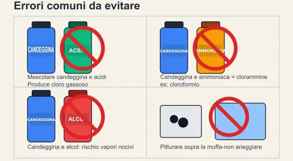 Non mescolare candeggina con acidi, ammoniaca o alcol. Evita di pitturare sopra la muffa senza arieggiare.