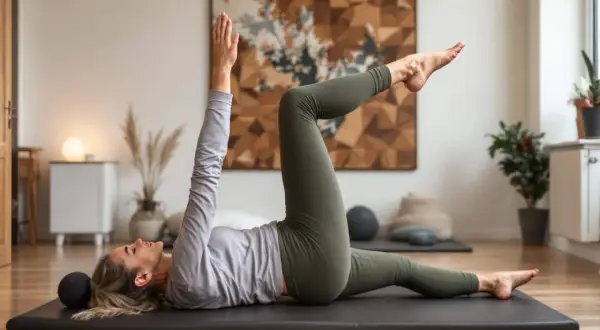 Femme en tenue de sport, pratiquant le Pilates. Le sport à 50 ans, homme ou femme, est essentiel pour rester en forme.
