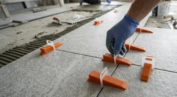 Mano con guanto blu che inserisce cunei arancioni per la posa piastrelle fai da te. Pavimento in fase di realizzazione.